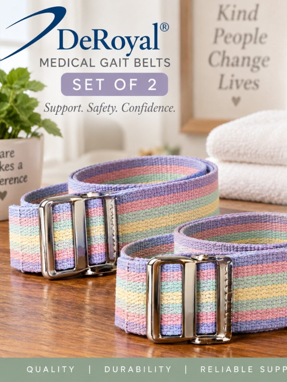 DeRoyal Pastel Striped Set of 2 Medical Transfer Mobility Gait Belts